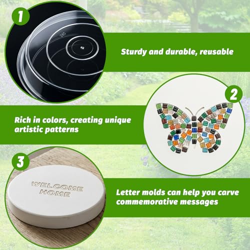 U0U 10PCS Stepping Stone Kit Includes Round Cement Molds, Mosaic Tiles and Carving Tools,DIY Garden Stepping Stone kit for Kids,Family,Outdoor Walkways Pavement Decoration (Transparent, 10inch)
