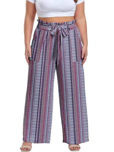 Image of OLRIK Women's Plus Size Pants Adjustable High Waisted Wide Leg Palazzo Pants Casual Trousers with Pockets Spring Clothes