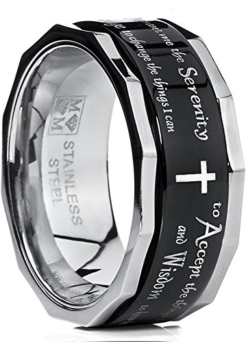 Metal Masters Co. Men's Women's Black Stainless Steel Religious Cross Serenity Prayer Spinner Ring 9MM Size 8.5