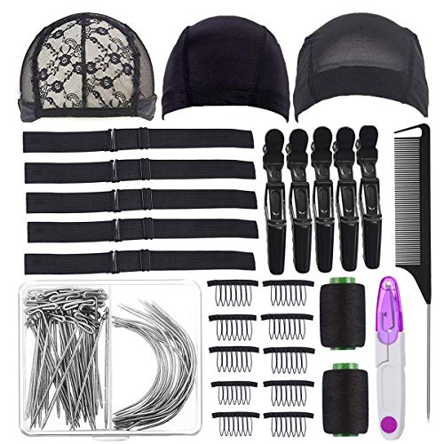 Wig Making Kit DIY Wig Tools Wig Accessories,5 Pieces Adjustable Elastic Band,Wig Making Cap Pins Needles Set,3 Pieces Dome Mesh Wig Cap,Black Thread Hair Clips Comb and Scissors
