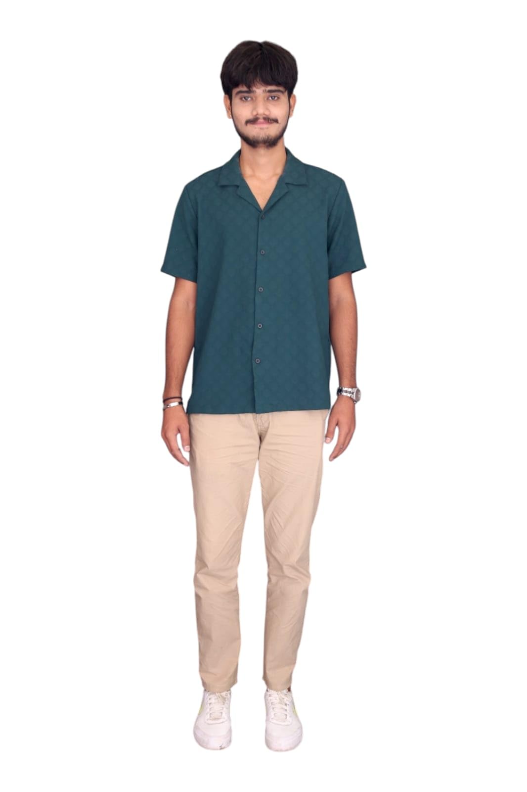 Men's Casual Solid Green Shirt With Light Beige Pants-image-3