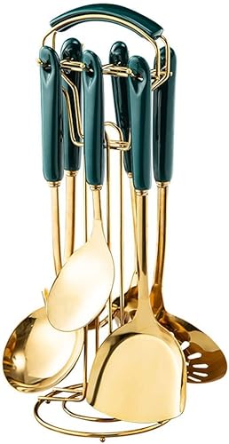 XARONF Juego de utensilios de cocina con soporte, juego de utensilios de cocina de acero inoxidable, juego de espátulas de cocina y artículos