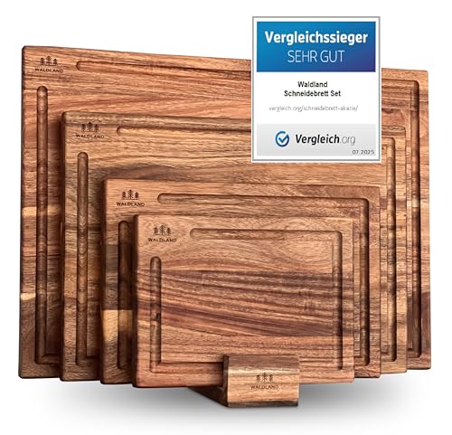 WALDLAND Premium Schneidebrett Holz 4er Set (40x30, 33x24, 27x18, 21x15) I inkl. Brettständer I Holzbrett Küche I Schneidebrett Set aus robustem Akazienholz