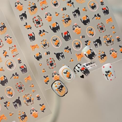 Image of 5D Embossed Cat Nail Stickers Cartoon Nail Decals Orange Black Self Adhesive Design DIY Manicure Charms Supply Decoration for Women