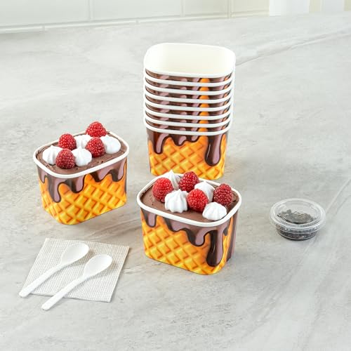 Image of Restaurantware Paper Cups 200 Count 12 Ounce Square Disposable Ice Cream Containers, Leak-Resistant Paper Dessert To Go Cups, Hot And Cold Food, Durable Chocolate Drizzle Design, Lids Sold Separately