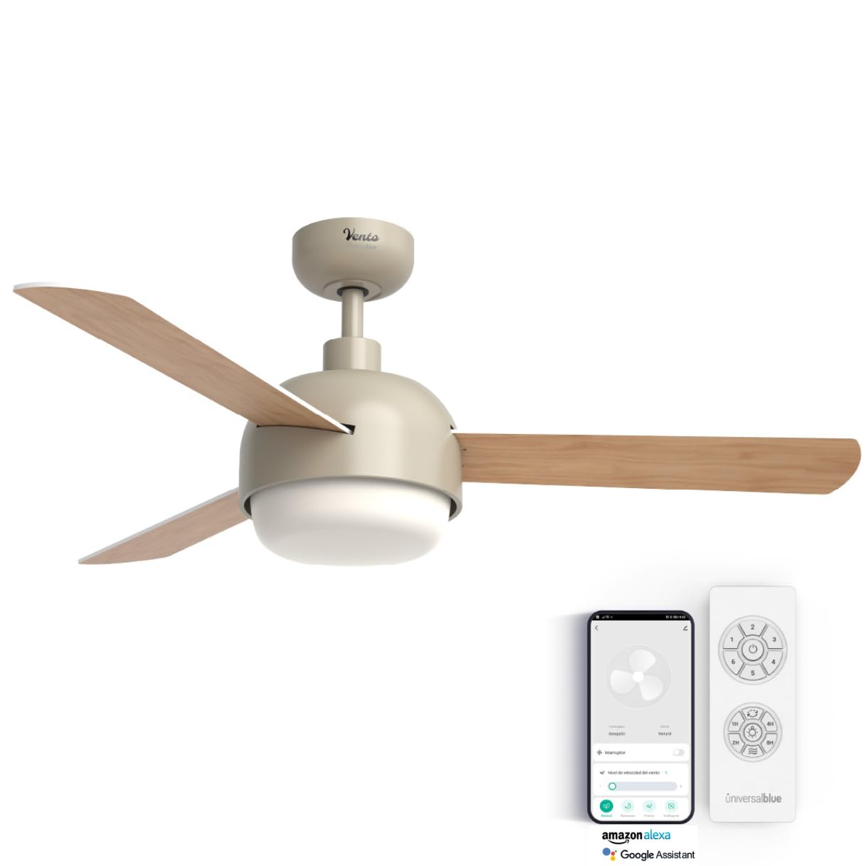 UNIVERSALBLUE Ventilador de techo con luz LED y WiFi | Color crema | Silencioso con Motor DC | Control por App, Alexa, Google Assistant y mando a distancia | 6 Velocidades | Aspas Reversibles