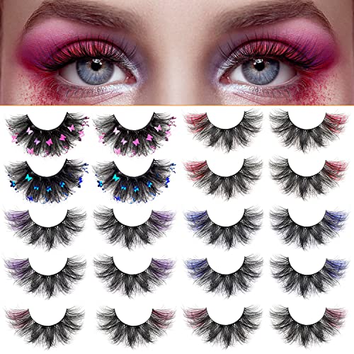 Lyroo 10 Pairs Colored Lashes Handmade Faux Mink Lashes Fluffy Butterfly Eyelashes With Color Glitter Eye Lashes Colored Lash Extensions For Cosplay Party Stage #TOP9