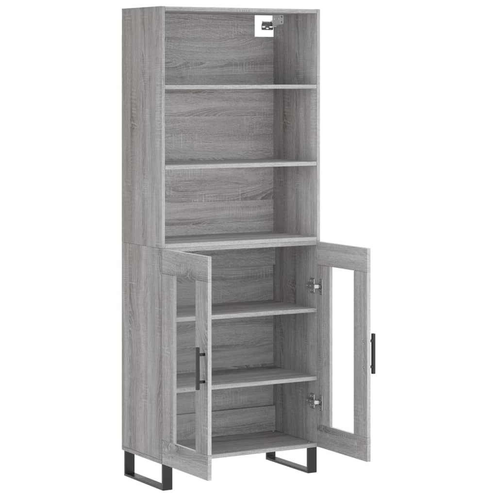 Witrynka szary dąb sonoma 69,5x34x180cm materiał drewnopochodny wysoka szafka do salonu z drzwiami i półkami meble do przechowywania antypoślizgowe nóżki metalowe nowoczesna witryna