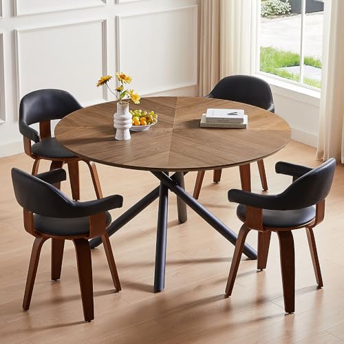 WILLIAMSPACE 53.14\" Modern Round Wood Dining Table for 6 to 7, Luxury Kitchen Table with Solid Carbon Steel Base, Mid Century Circular Table for Leisure Coffee Table Furniture (Walnut Wood+Black) - Thumbnail 3