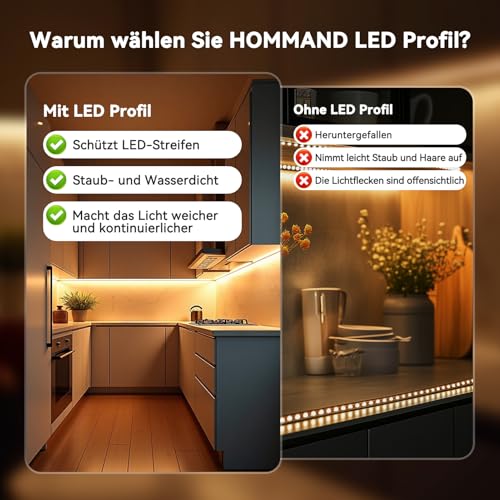 HOMMAND LED Profil 45 Grad, LED Aluminium Profil V-Form 10m, LED Leisten in Aluprofil mit Eckverbinder, Klebstoff, Endkappen und Montageclips, LED Streifen Kanal und Diffusor, LED Kanal 10 x 1m/3,3ft