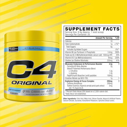 Image of C4 Original Pre Workout - Pre-Workout for Endurance, Focus & Performance with 200mg Caffeine, Beta-Alanine, Creatine Nitrate, L-Arginine & PeptiPump - Sugar Free, 25 Servings, ICY Blue Razz