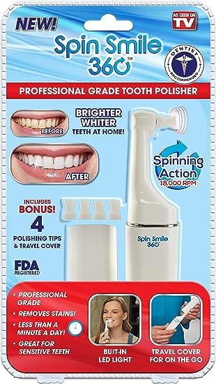 Spin Smile 360 Tooth Polisher, 18000 RPM, 4 Polishing Tips, LED Light