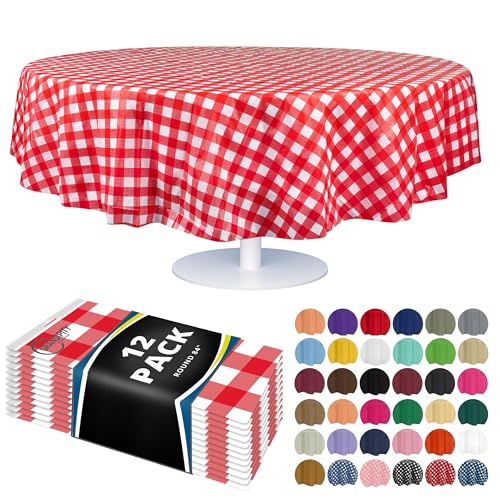 Image of Grandipity Plastic Table Cloth Disposable 12 Pack 84 inch Round Red Gingham | Plastic table covers, durable disposable tablecloths, fade and tear-resistent table cover for party, event