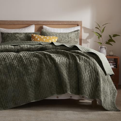 LEAONME Velvet Quilt Set Full/Queen Size 90''x98'', Lightweight Olive Green