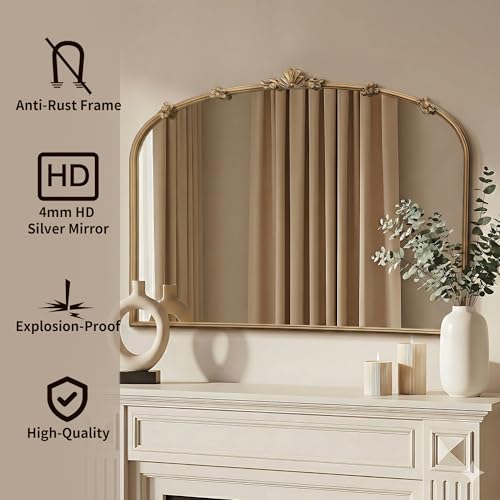 Image of Besdomus Large Vintage Gold Mirror: 40 inchx29 inch Antique Vintage Arched Mirror | French Baroque Decorative for Wall /Mantel /Bedroom /Entryway /Bathroom /Hallway - Home Decor for Fashion- Conscious