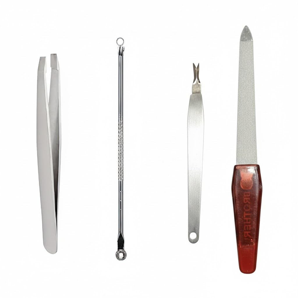 4-in-1 Professional Personal Grooming Kit for Men & Women - Includes Tweezers, Blackhead Remover, Cuticle Trimmer, and Nail Filer - Premium Stainless Steel Beauty Care Set