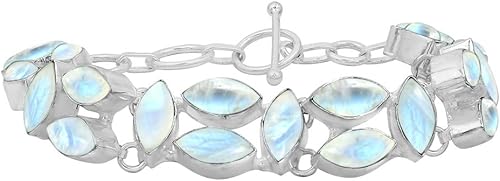 Marquise Shape Natural Gemstones 925 Silver Overlay Handmade Link Bracelet - Birthstone Bohemian Vintage Style Jewelry Statement Adjustable Bracelet