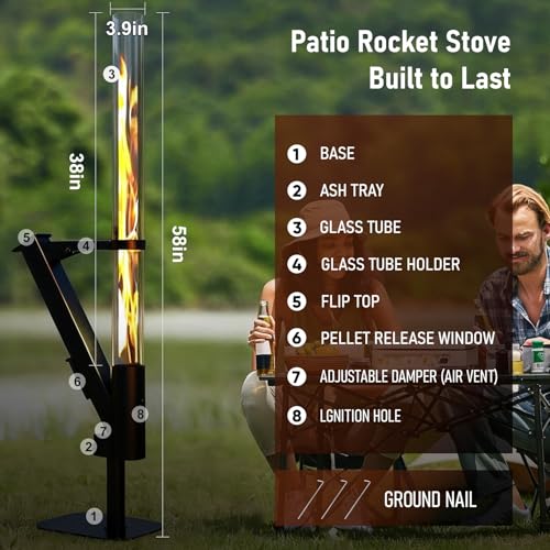 Image of Rayzi New Rocket Stove 58 Inch, Smokeless Wood Pellet Patio Heater, Wood Pellet Fire Pits for Outside, Portable Pellet Heater for Patio /Garden /Backyard /Outside Restaurant /Bonfire Party /Beach