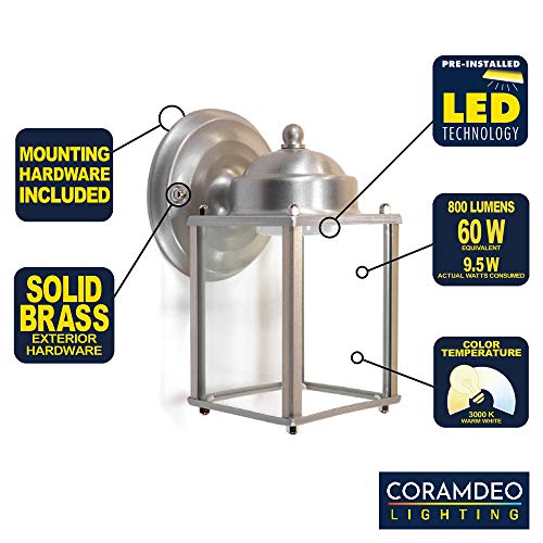 Coramdeo Outdoor Led Square Coach Light For Porch, Patio, Deck, Barn, Wet Location, Built In Led Gives 75W Of Light From 9.5W Of Power, 800 Lumens, 3K, Durable Nickel Finish & Clear Glass #TOP1