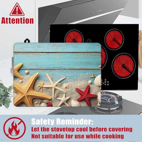 Image of Starfish Seashells Stove Top Covers for Electric Stove,Blue Wood Board Glass Top Stove Cover, Heat Resistant Range Covers for Electric Stove,Washable Countertop Mat, 28 x 20 Inch
