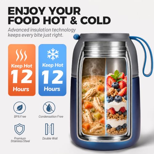 Image of Insulated Thermo Food Jar for Hot & Cold Food for Kids Adult, 17&24 oz Soup Thermal Hot Food Containers for Lunch, Triple Layer Insulation Stainless Steel Food Jar with Spoon (2 Pack Blue)