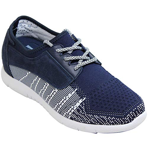 Toto Men's Invisible Height Increasing Elevator Shoes - Navy Blue/Aqua Knitted/Suede Lace-Up Lightweight Trainer Sneakers - 2.8 Inches Taller - D62107 - Size 9 D(M) Us #TOP3