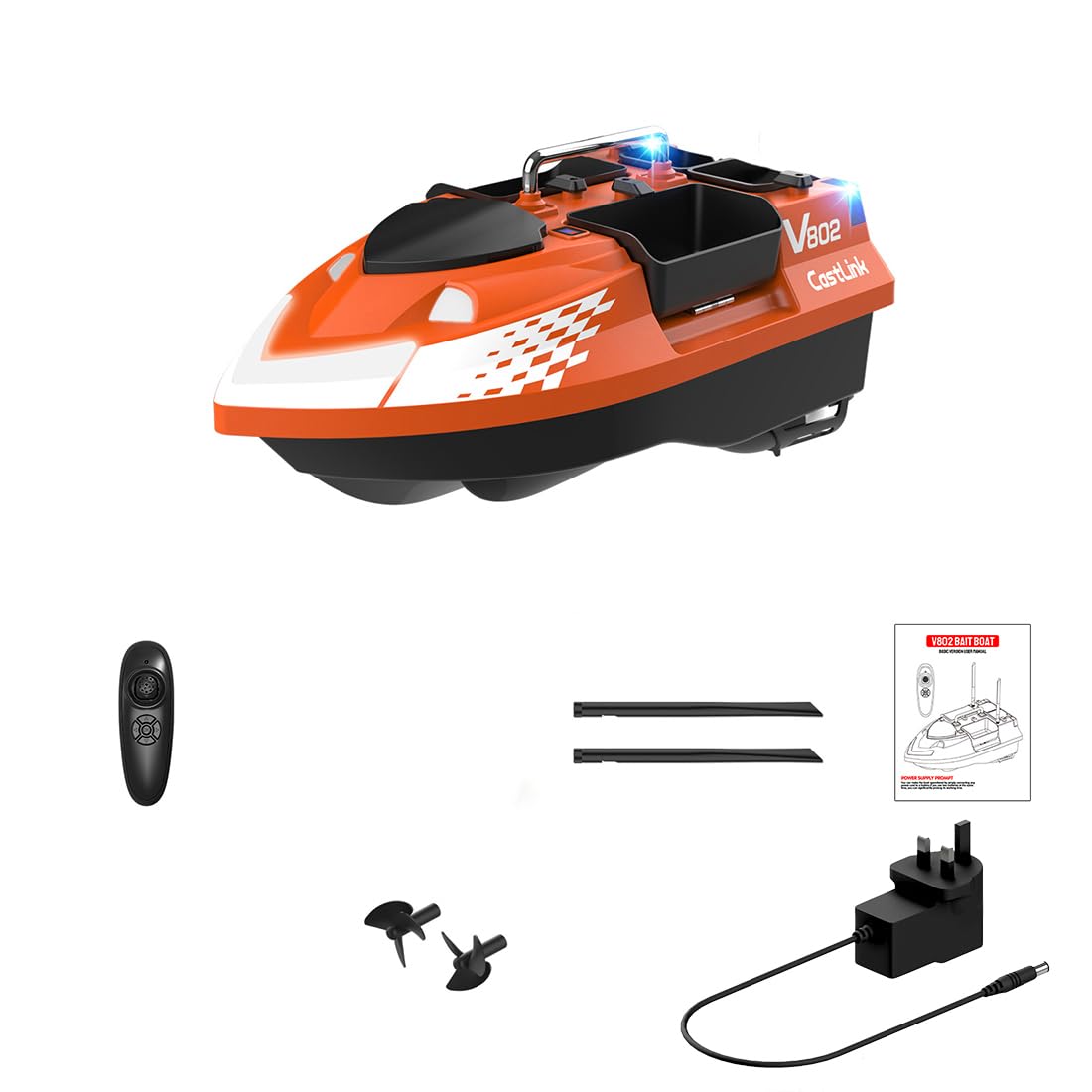 TechSpieler V802 RC Bait Boat, Dual Antenna 4 Compartments 3KG Large Capacity Fishing Boat (Orange)
