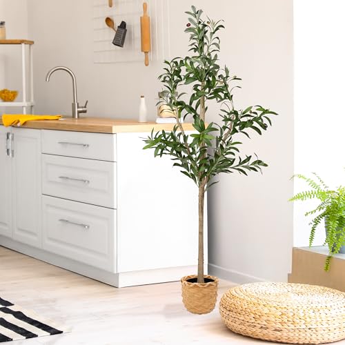 Relaxdays künstlich, 180 cm hoch, Kunststoff, Stein, Kunstpflanze, Deko-Olivenbaum, Kunstbaum, grün/braun