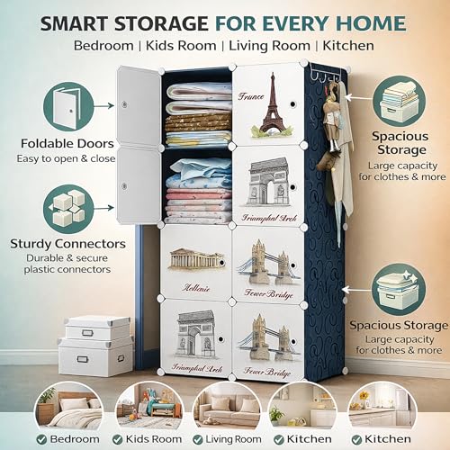 Image of AYSIS Kids Plastic Collapsible Wardrobe Organizer for Storage | Cute Cartoon Design | Heavy Duty Cloth Organizer for Storage | Easy to Assemble | Perfect for Kids Room & Home | Black