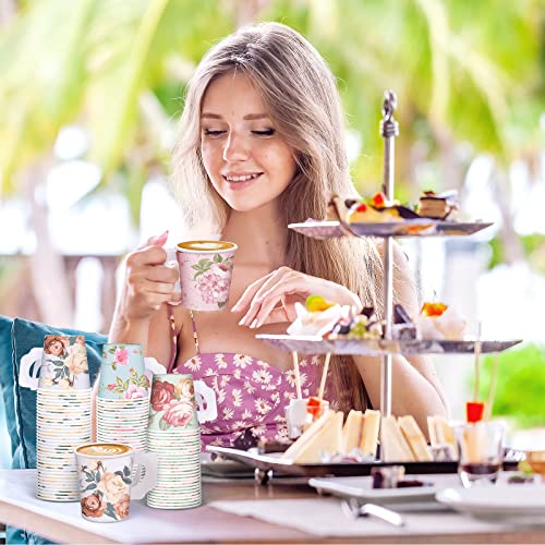 Gerrii 200 Pcs Floral Tea Party Tea Cups With Handle 4Oz Vintage Flowers Paper Tea Cups Disposable Paper Espresso Cups Teacup For Wedding Bridal Spring Tea Party Girls Birthday Baby Shower, 5 Styles #TOP3