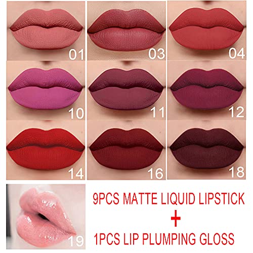 Evpct Dnm 9Pcs Deep Red Black Matte Liquid Lipsticks + 1Pcs Clear Lip Plumping Plumper Gloss Makeup Set Long Lasting Lipstick 24 Hour Waterproof Labiales Matte Mate Larga Duracion 24 Horas Originales #TOP2