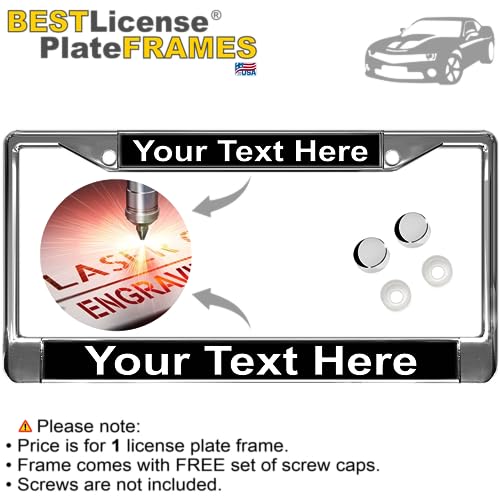 Image of Custom Personalized Chrome-Plated Metal Laser Engraved Standard Size - Car /Automobile License Plate Frame with Free caps - Black /White Text (Qty: 1 Frame)