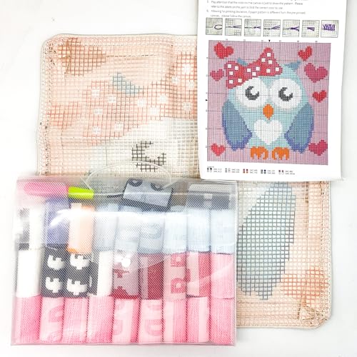 Image of Howie's Latch Hook Kit, DIY Owl Pillow Crochet Yarn Kits for Adults, Color Preprinted Pattern Embroidery Sofa Cushion Cover (Blue Owl, 16.93 x 16.93 inch)