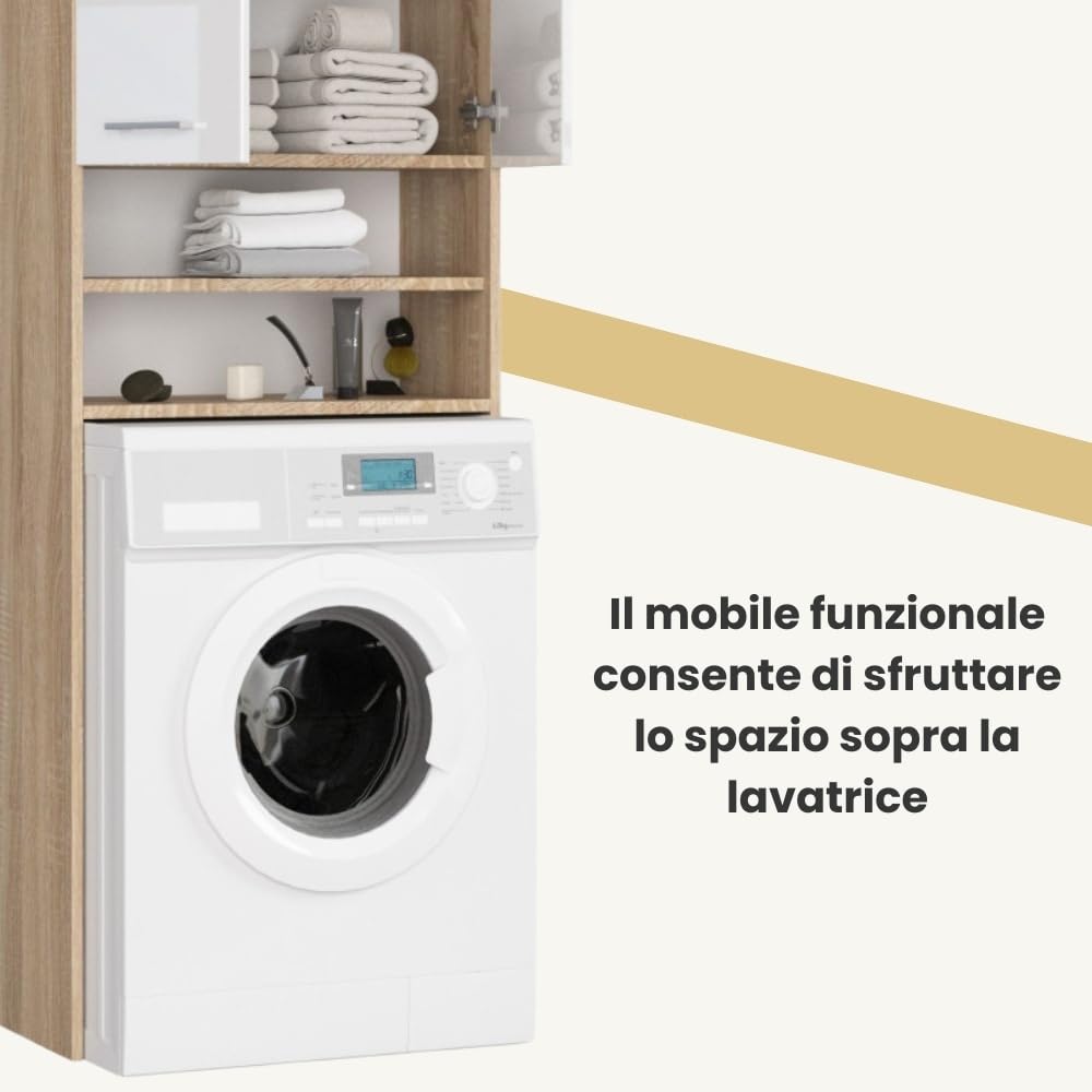 AKORD | Armadio Pensile per Lavatrice | Armadio di trasformazione con 2 ante, 2 Ripiani Aperti | Archivio per bagno | Cassettiera per lavatrice | 64x180x30 cm | Peso 30kg | Rovere Sonoma|Bianco lucido