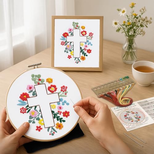 Image of Louise Maelys Cross Embroidery Kit for Beginner(Easter Jesus) | Cross Embroidery Starter Kit With Stamped Fabric, Hoop, Threads, Needles And Instructions For Adults,Easy Needlepoint,Gifts