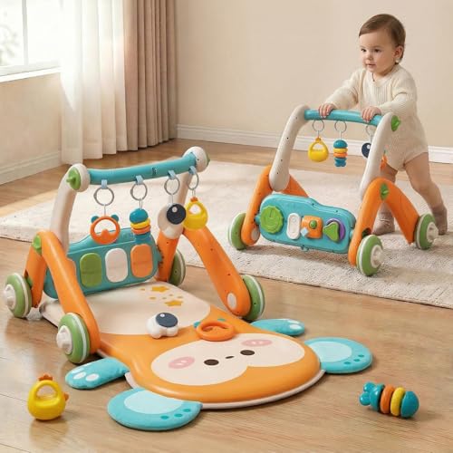 Image of Jovow 2 in 1 Baby Gym with Walker,Baby Play Mat with Double-Sided Multifunctional Removable Play Piano Panel, Educational Sensory Toys for 0-24 Months Boy Girl [Orange]