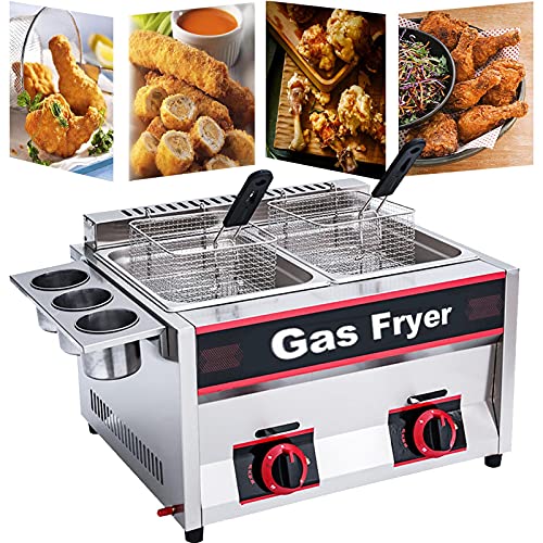 Freidora de gas comercial, freidora doble de acero inoxidable con cestas extraíbles, potencia de fuego ajustable para cocina de restaurante