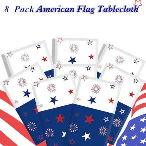Image of Patriotic Tablecloth Decorations for 4th of July Independence Day, American Flag Plastic Disposable Rectangle Memorial Day Table Cover for Patriotic Themed Party Supplies, 54 x 108 Inch, 8 Pack