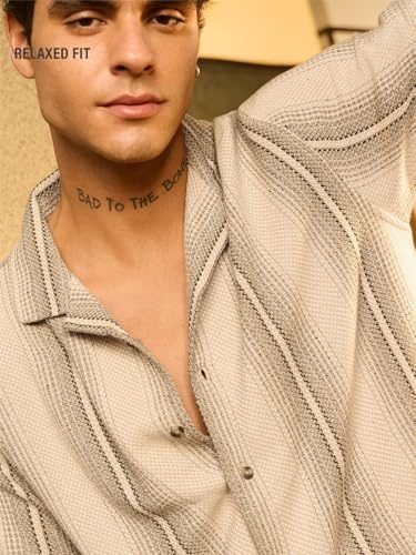 Image of The Souled Store Stripes: Men and Boys Long Sleeve Collared Neck Button Down Cotton Textured Shirts for Men