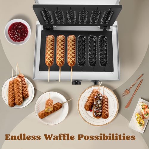 Moongiantgo Commercial Corn Dog Waffle Maker Machine 6 PCS 1550W Hot Dog Cheese Stick Press Iron, 50-300? Temp Control, 5-min Timer French Muffin Cooker 110V