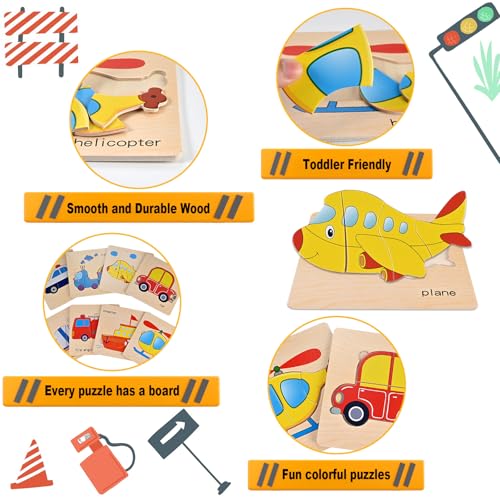 Image of Wooden Puzzles for Toddlers 1-3, Toddler Puzzles Ages 2-4 | Montessori Toys for 1-3+ Year Old Learning Educational Preschool Toys for Boys Girls (Vehicle Theme)