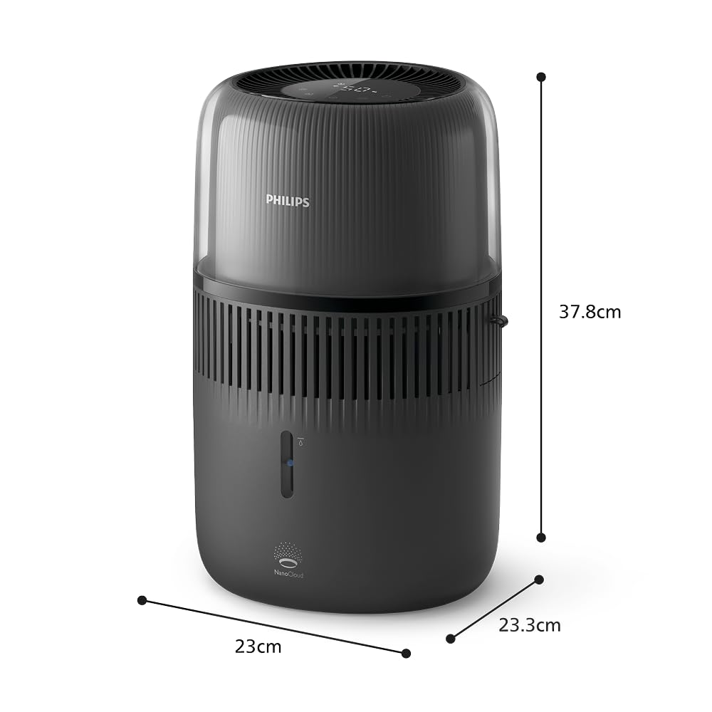 Philips Humidificateur d'air Série 5000 - jusqu'à 45m², débit de 300ml/h, silencieux 12dB, NanoCloud 99% bactéries en moins, 4.5L, mode sommeil, minuteur, connecté, aromathérapie, Noir (HU5600/03)