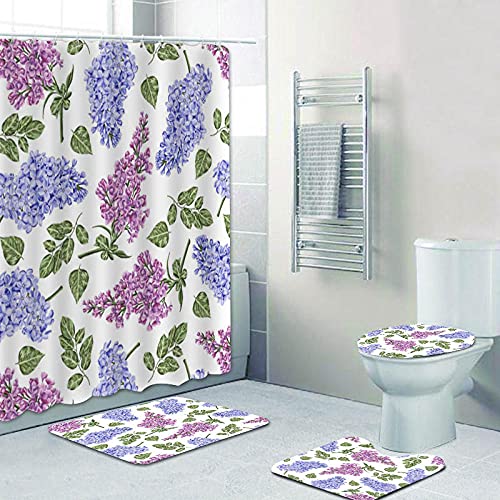 ZDDWLDL 4Pcs Duschvorhänge Set Mit Rutschfesten Teppichen,Toilettendeckel und Badematte Weiß-Blau-Violette…