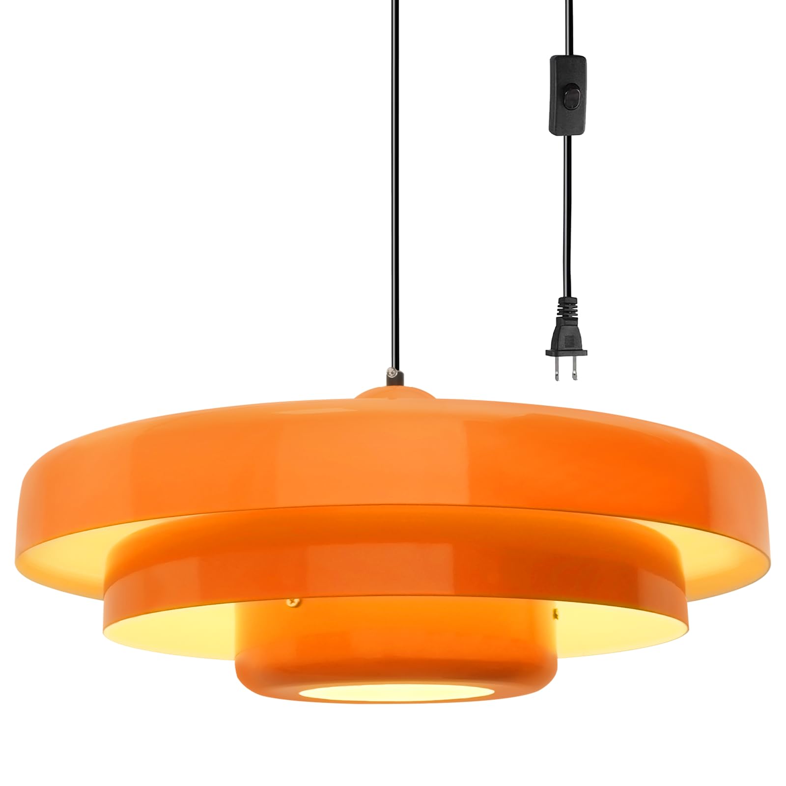 Mid-Century Modern Plug-in Pendant Light, 19.7" Large Metal Shade, E26 Socket, Adjustable Hanging Wire, Easy Install Swag Light for Living Room, Dining Room, Kitchen, Bedroom