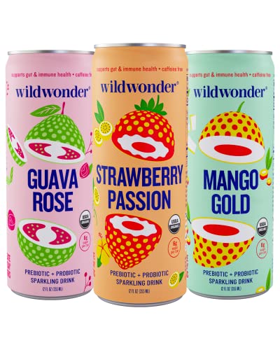 Wildwonder Sparkling Probiotic Juice Drink w/ Gut Health Immunity, 5g Fiber & Live Probiotics, Caffeine Free, Organic, Vegan, Low Sugar & Calorie, 12pk x 12oz Tropical Vibes Variety Pack