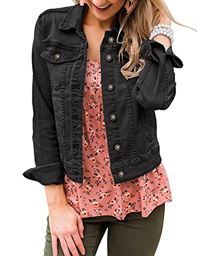 Vetinee Women's Vintage Black Basic Stretch Fitted Casual Button Down Truker Denim...