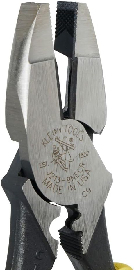 Klein Tools J213-9NECR Jouneyman Pliers Connector Crimp Side, With High-Leverage Design Featuring Crimping Die Behind Hinge, 9-Inch