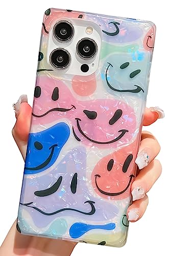 Coque iPhone 15 Pro carrée en silicone souple avec motifs sourires colorés pour femme