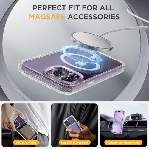 Image of Miracase Magnetic for iPhone 14 Pro Case 6.1 inch, (Compatible with MagSafe) Upgrade Full-Body Clear Phone Bumper Case with Built-in 9H Tempered Glass Screen Protector, Magnetic Glitter Clear