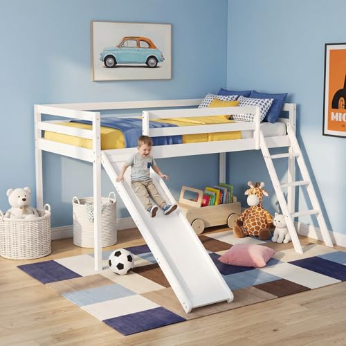 Panana Mid Sleeper with Slide Solid Wooden Single Loft Bed Frame 3FT Cabin Bed Space Saving (White Stair+Slide Style)
